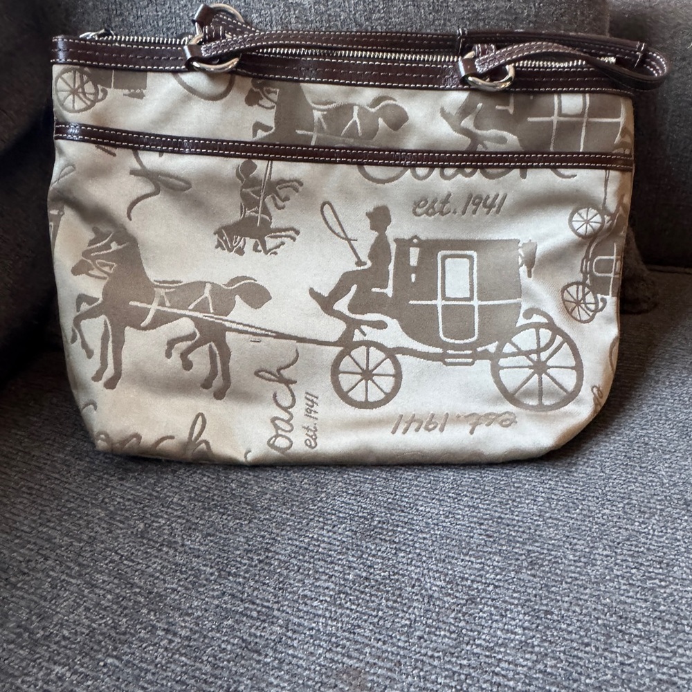 Coach Carriage Print Shoulder Bag in Brown and Tan
